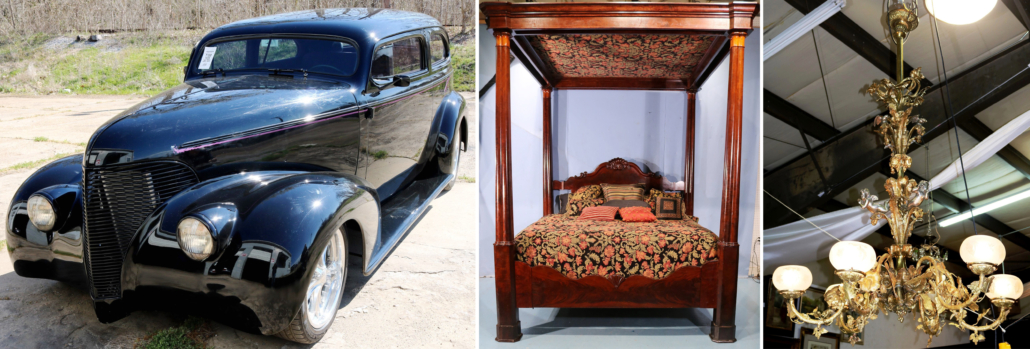 L-R: 1939 Chevy street rod, est. $30,000-$45,000; mahogany Empire full tester bed signed C. Lee, est. $10,000-$20,000; gilt and silvered six-arm gas light, or gasolier, est. $25,000-$50,000.
