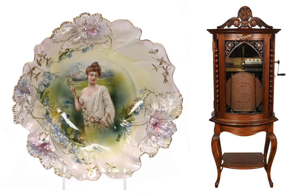 Left, only known example of an R.S. Prussia Spring Season bowl in the Carnation mold, $24,000; Right, Regina upright music box, $15,400
