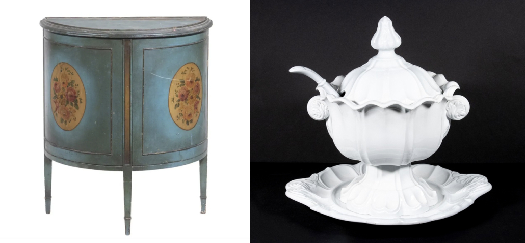 Left, French-style painted demilune hamper, est. $100-$200; Right, T&R Boote white ironstone tureen with underplate and ladle, est. $250-$350