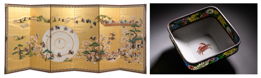 Left, Anonymous, 19th century, ‘Hunting Scenes’ est. $5,000-$6,000; Right, Japanese cloisonne-enamel and partial plique-a-jour square bowl by Ando Jubei, Meiji period, est. $60,000-$80,000