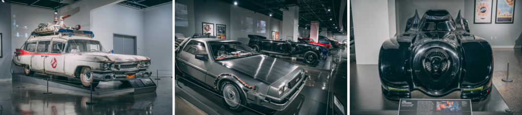 Left to Right: 1959 Cadillac Miller-Meteor, aka Ecto-1, from Ghostbusters and Ghostbusters: Afterlife; 1981 DeLorean ‘Time Machine’ from the Back to the Future movies; Batmobile from Batman and Batman Returns. Courtesy of the Petersen Automotive Museum