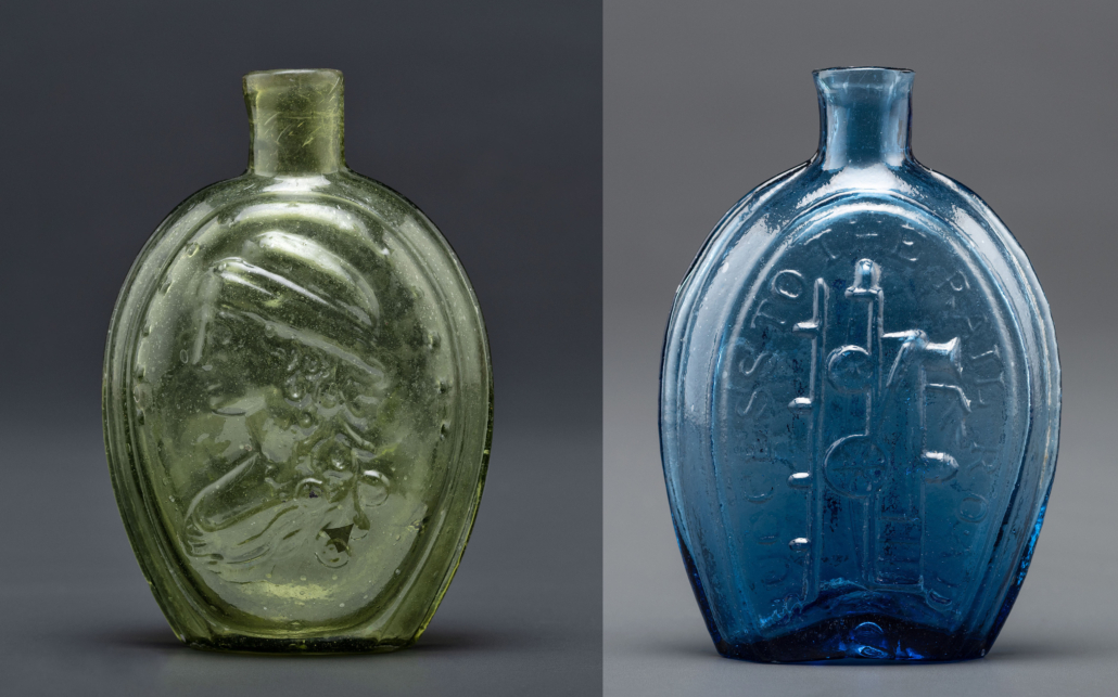 Left, American molded-glass flask in yellow-green, $40,625; Right, New York molded-glass flask in light sapphire blue by Lancaster Glass Works, $23,750