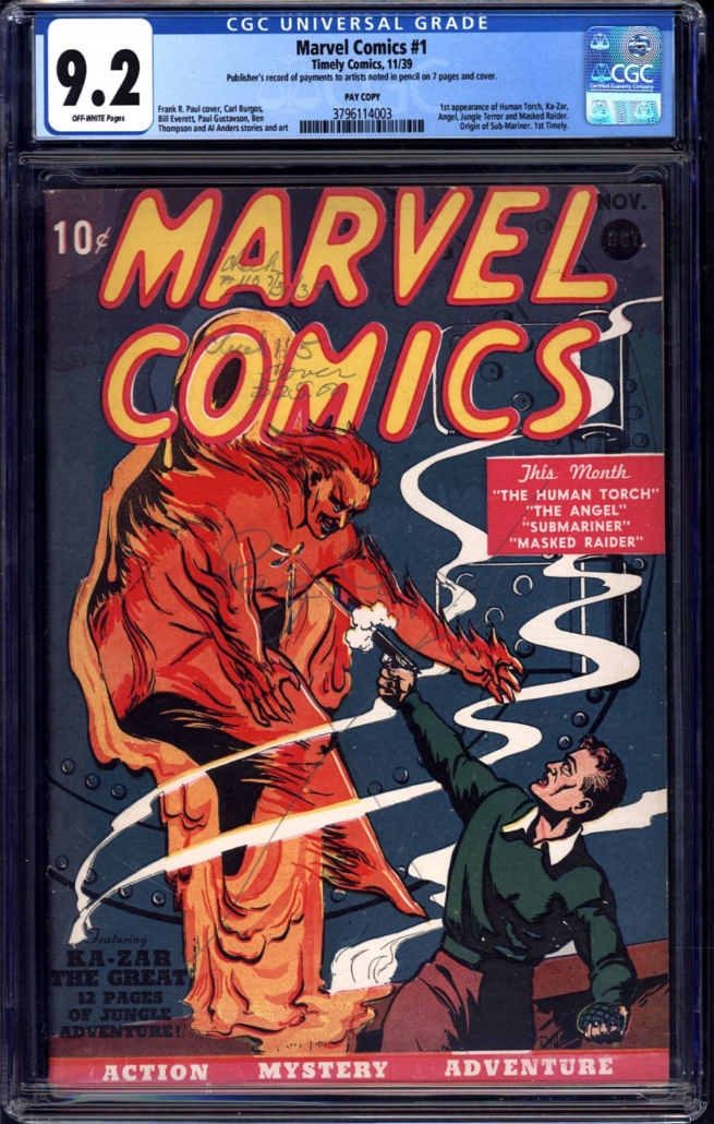 A copy of Marvel Comics #1 colloquially known as the ‘pay copy’ sold for more than $2.4 million on March 17. Image courtesy of ComicConnect.