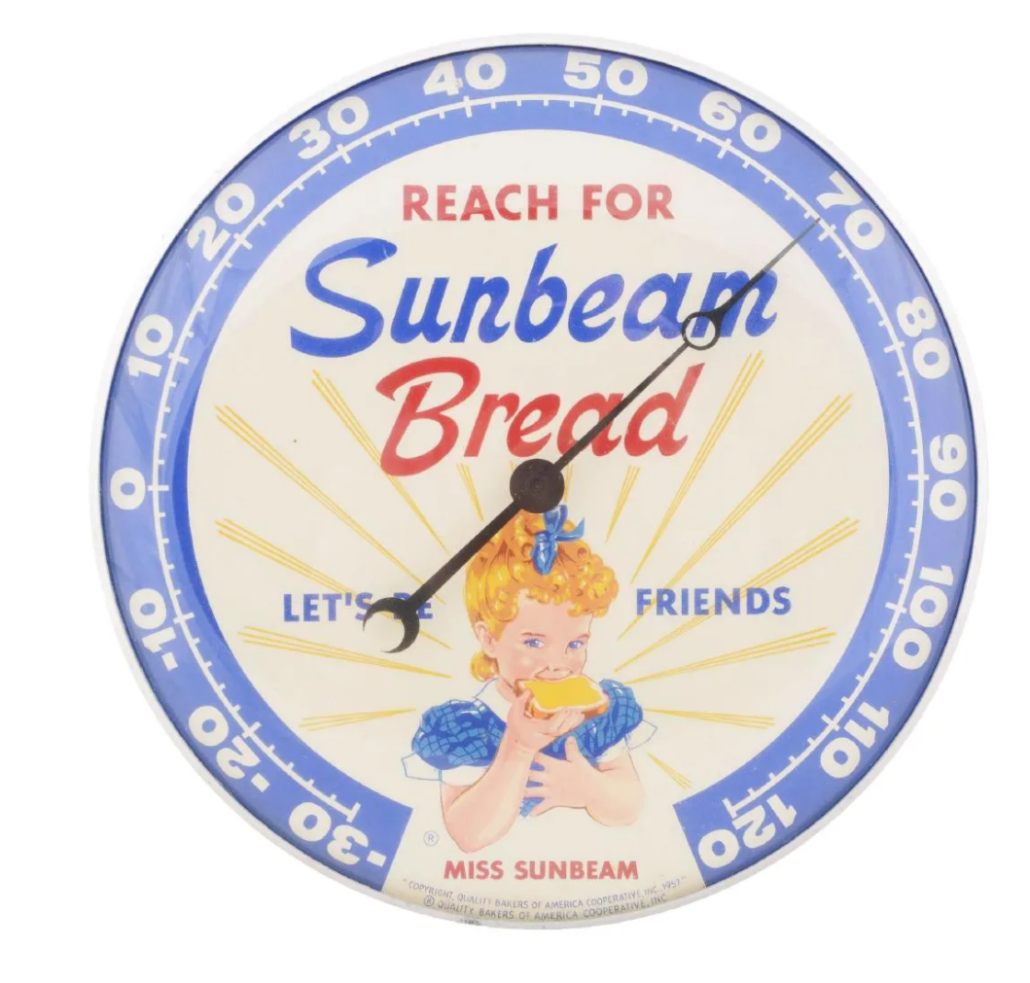 A “Reach for Sunbeam Bread” advertising thermometer sold for $550 plus the buyer’s premium in December 2018. Image courtesy of Dan Morphy Auctions and LiveAuctioneers.