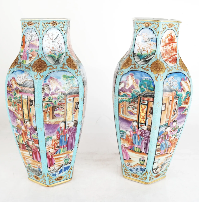 This pair of Chinese Export Mandarin porcelain vases soared well above its $1,000-$1,500 estimate to realize $10,000 plus the buyer’s premium in April 2021. Image courtesy of Roland Auctions NY and LiveAuctioneers.