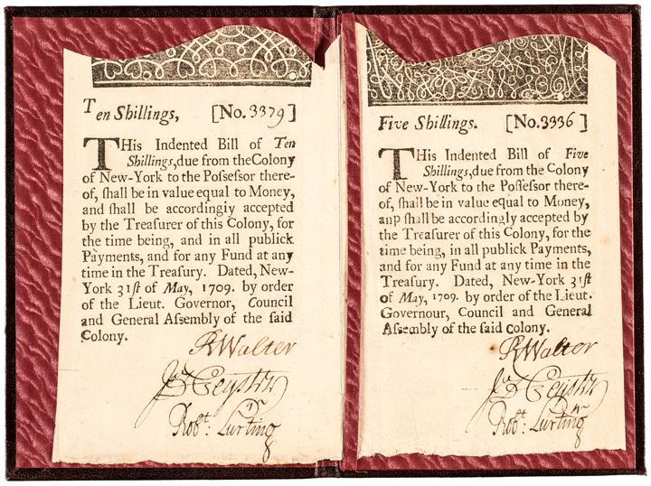 1709 pair of uncirculated indented bills from the New York colony, est. $18,000-$24,000
