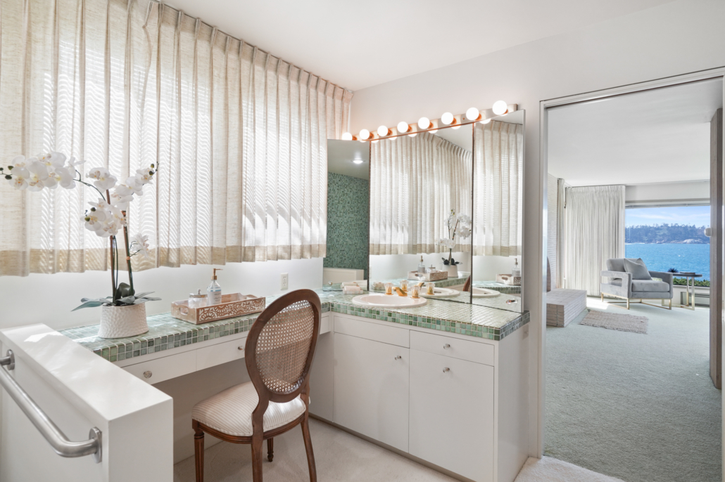 White designed the vanity in the bathroom of the home’s master suite to take advantage of morning sunlight. Courtesy of Sotheby’s International Realty and TopTenRealEstateDeals.com