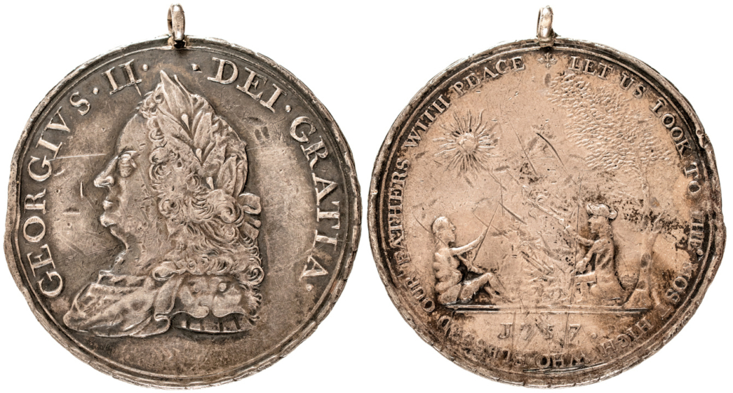 1757 silver Treaty of Easton aka Duffield Indian Peace Medal, the first peace medal issued in America, est. $60,000-$80,000