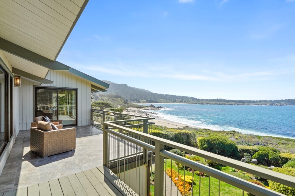 The sun deck of Betty White’s Carmel-by-the-Sea home allows full enjoyment of the gardens and the beach beyond. Courtesy of Sotheby’s International Realty and TopTenRealEstateDeals.com