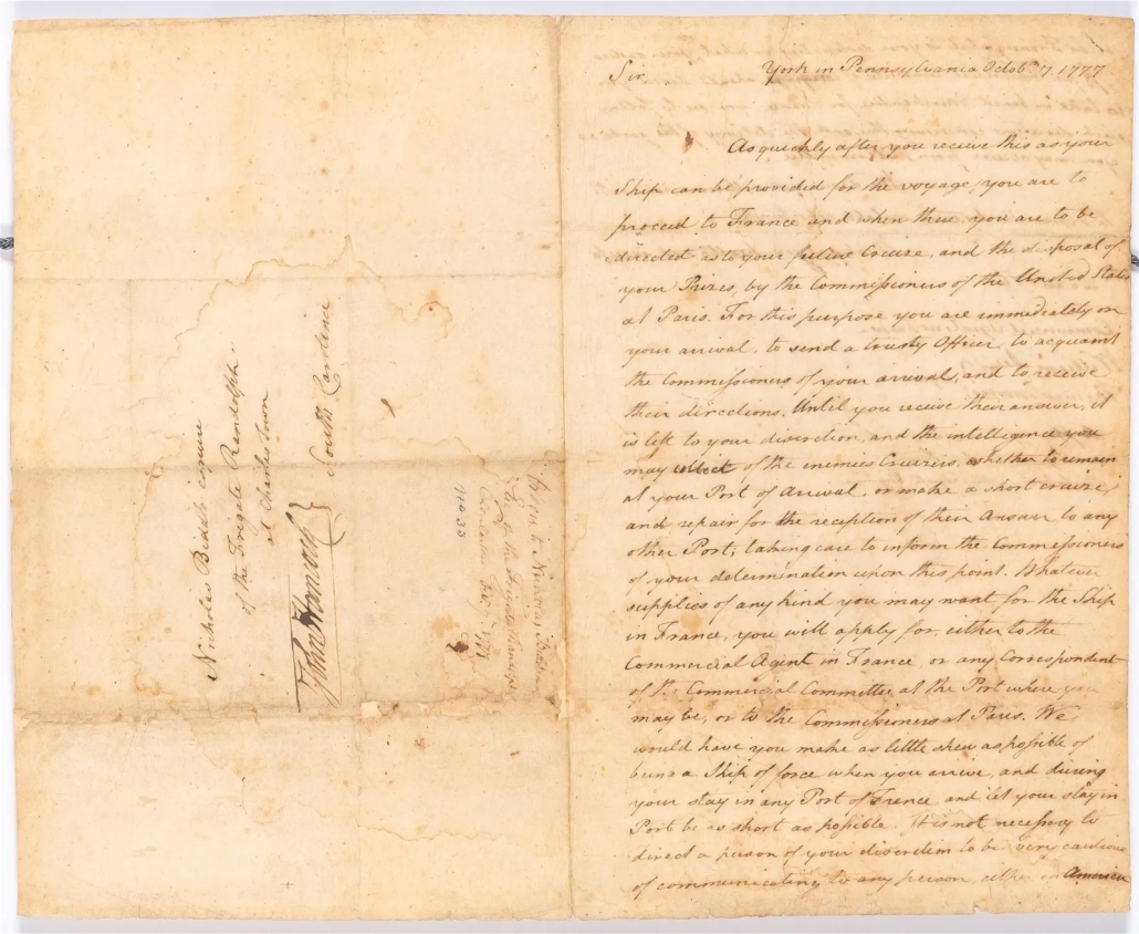  October 1777 signed naval orders sent to Captain Nicholas Biddle by John Hancock, est. $10,000-$15,000