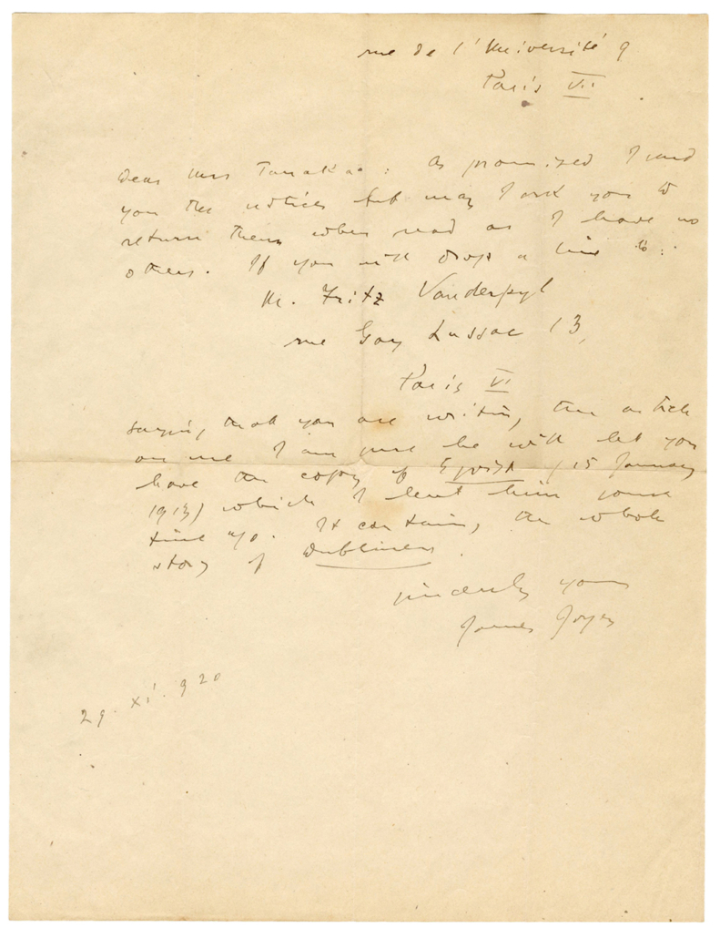  One-page letter from James Joyce, dated 1920, est. $10,000-$15,000