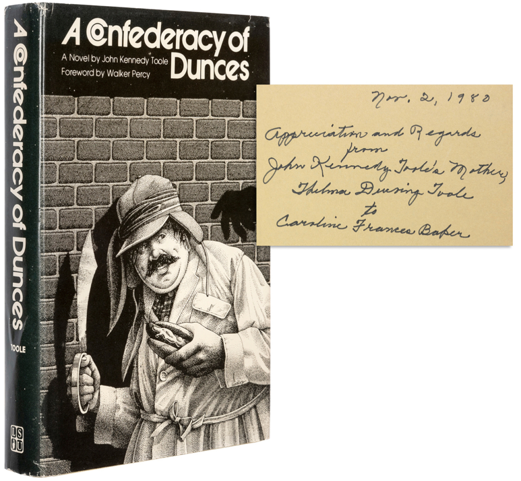 First edition of A Confederacy of Dunces, inscribed by the late author’s mother, est. $3,000-$5,000
