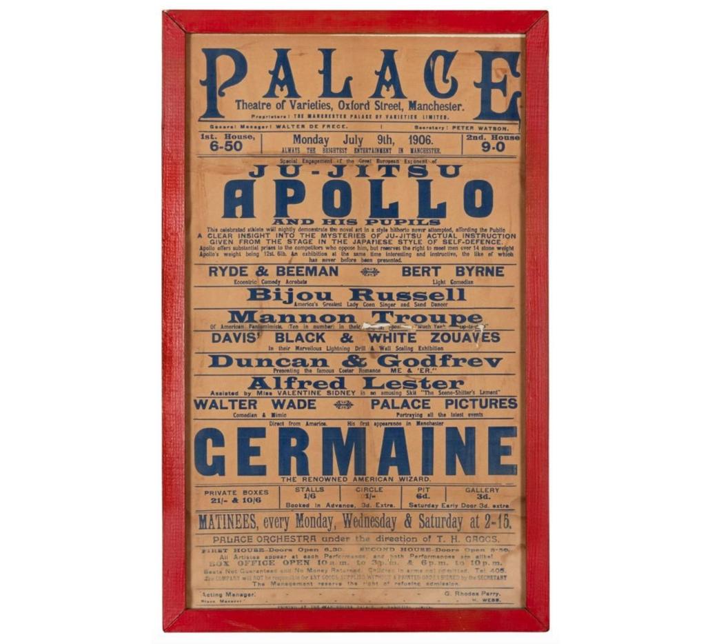 Broadside for Karl Germain's July 1906 performance at the Palace of Manchester, $3,120