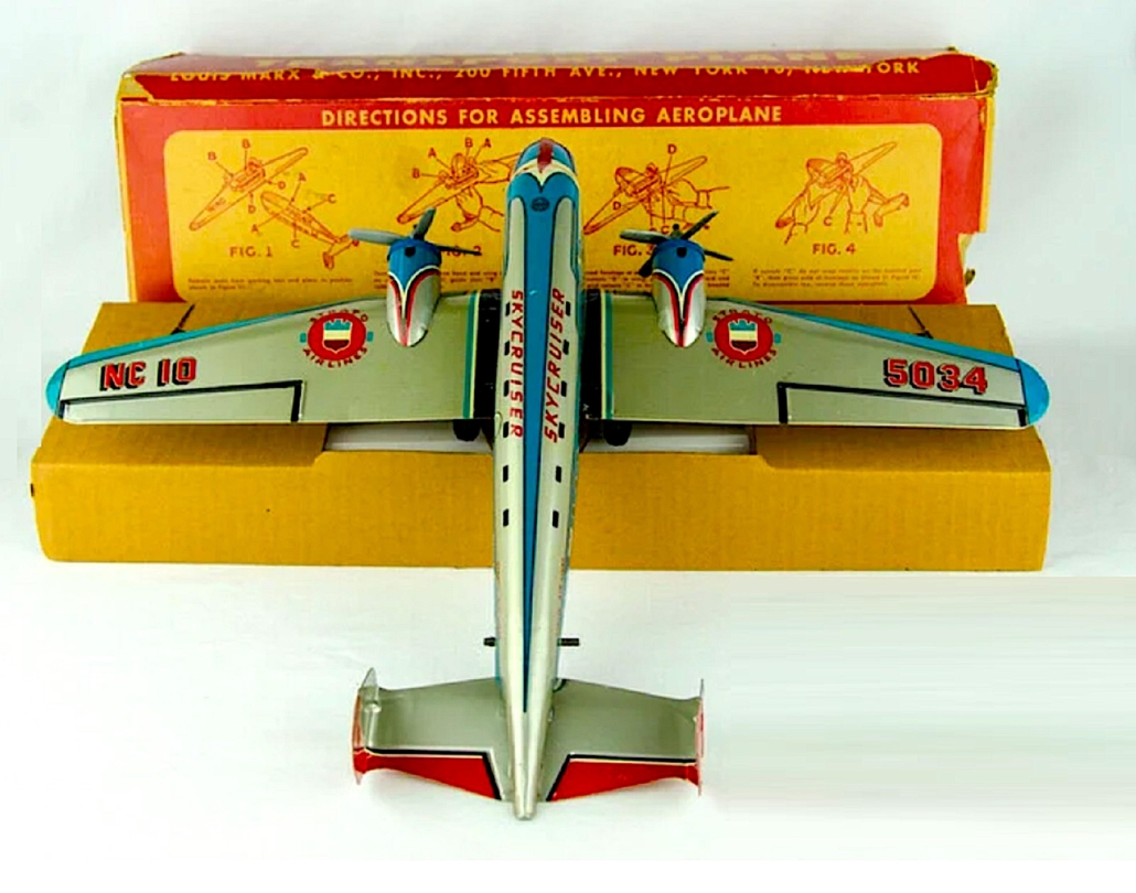 Circa-1950s Marx Toys tin friction Sky Cruiser Stratoliner 700 transport plane with box, est. $600-$2,000