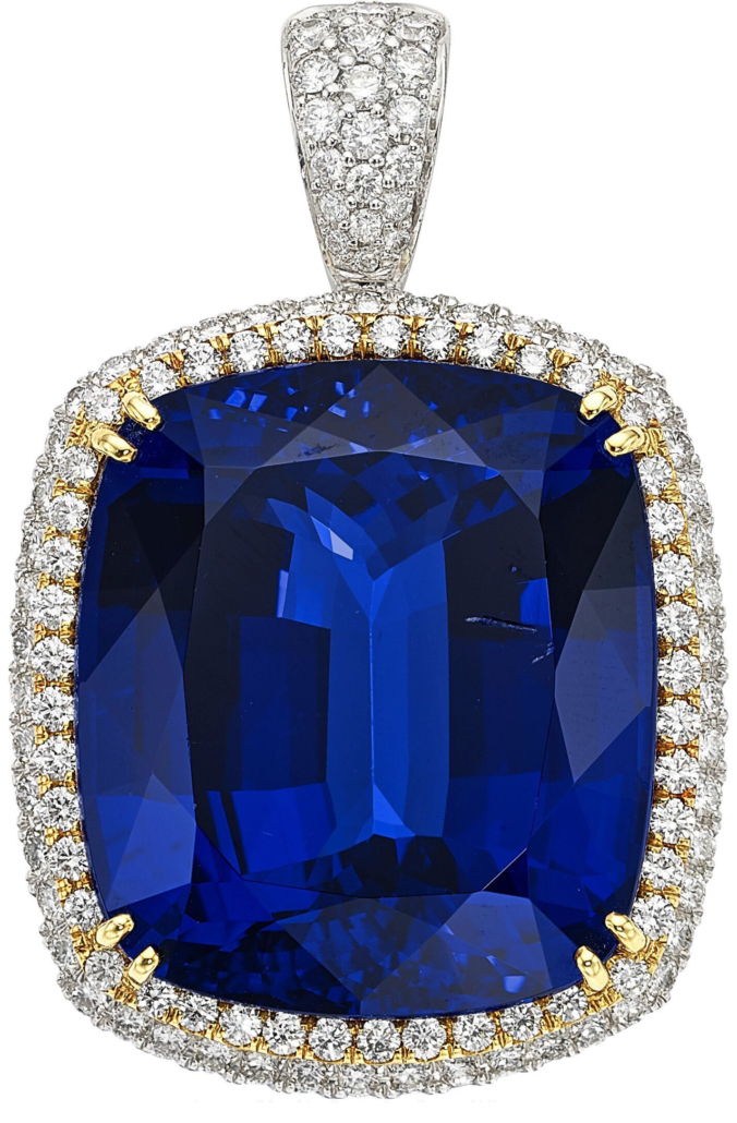 Diamond, platinum and gold pendant featuring a cushion-shaped, 105.10-carat tanzanite, est. $50,000-$75,000. Image courtesy of Heritage Auctions