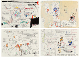 Group of four Jean-Michel Basquiat screenprints, ‘Wolf Sausage,’ ‘King Brand,’ ‘Dog Leg Study,’ and ‘Undiscovered Genius,’ $137,500. Image courtesy of Heritage Auctions