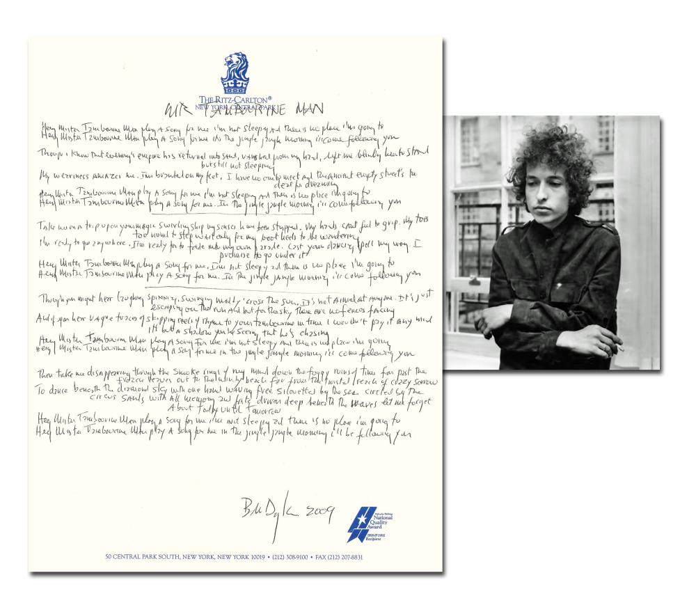 Bob Dylan’s handwritten lyrics to ‘Mr. Tambourine Man,’ penned in 2009, est. $50,000-$60,000