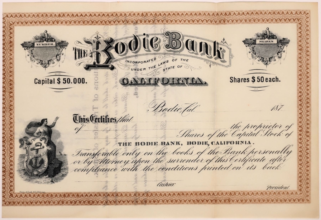 Unissued Bodie Bank (Calif.) stock certificate from the 1870s, est. $100-$200