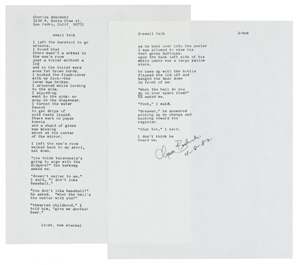 Charles Bukowski signed, unpublished typescript poem from 1982, $2,812
