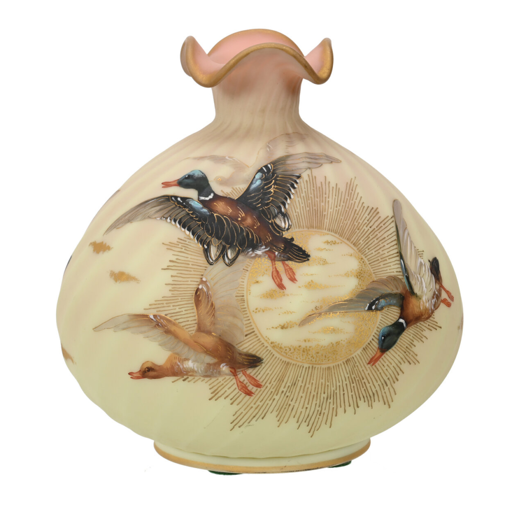 Art glass vase marked Crown Milano with a Guba duck scenic decor, est. $1,250-$2,000