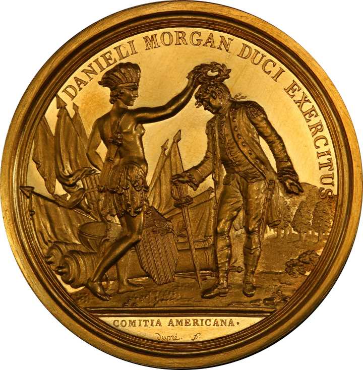The gold medal was created to honor Revolutionary War Gen. Daniel Morgan and his victory at the 1781 Battle of Cowpens. It was struck in 1839 at the Philadelphia Mint. Image courtesy of Stack’s Bowers www.StacksBowers.com
