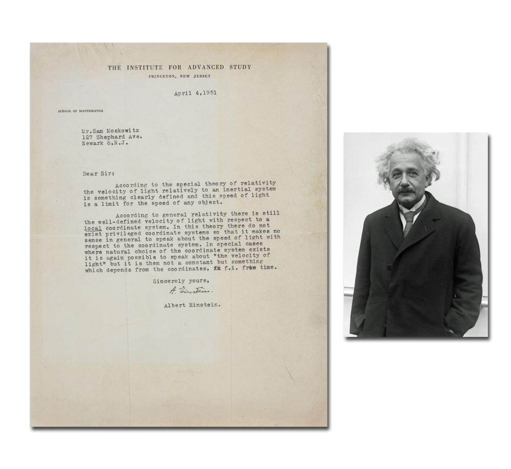 One-page typed letter signed by Albert Einstein and dated April 4, 1951, answering questions from science fiction writer Sam Moskowitz about intergalactic space travel and the speed of light, est. $80,000-$100,000