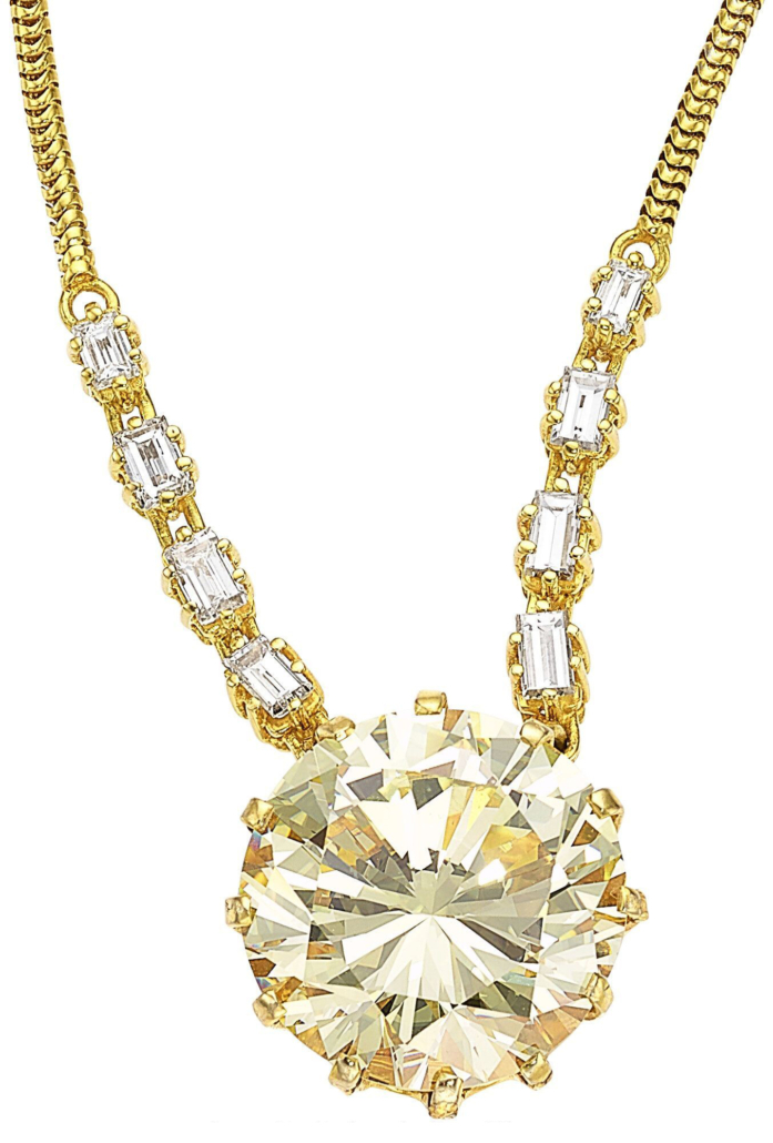 Gold necklace centered by a 21.93-carat round brilliant-cut diamond, est. $200,000-$250,000. Image courtesy of Heritage Auctions