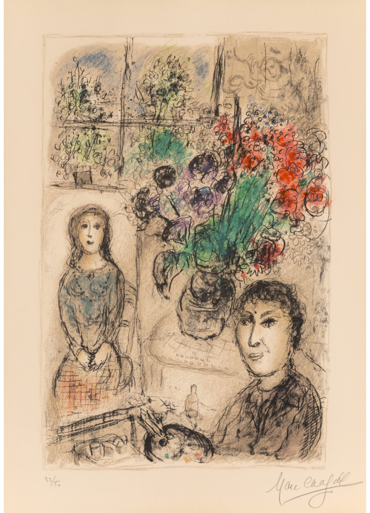 Marc Chagall, ‘Le Chevalet aux Fleurs,’ est. $8,000-$12,000. Image courtesy of Heritage Auctions