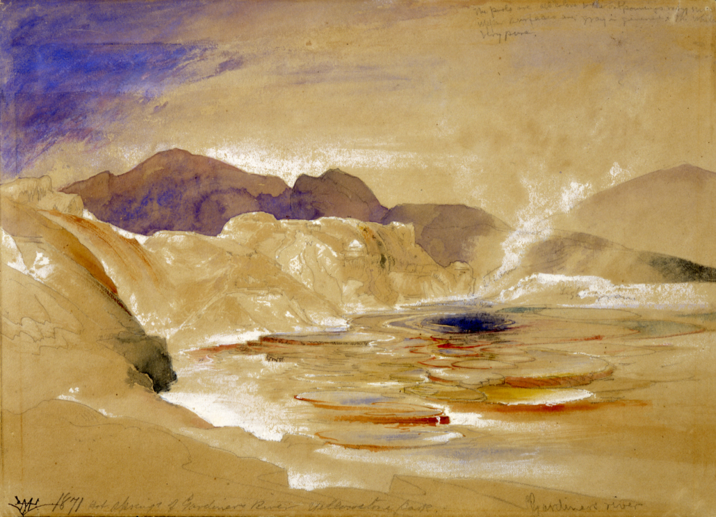 Thomas Moran (England, 1837–1926), ‘Hot Springs of Gardiner's River, Yellowstone Park,’ 1871. Watercolor and graphite on paper. 9 7/8 by 13in. On loan from the Yellowstone Heritage and Research Center.