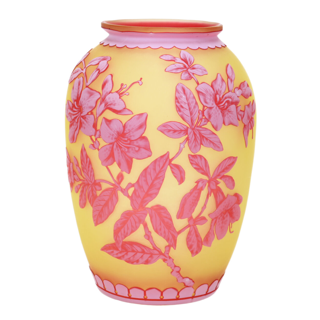 Signed Stevens & Williams English cameo three-color vase, est. $1,000-$1,600