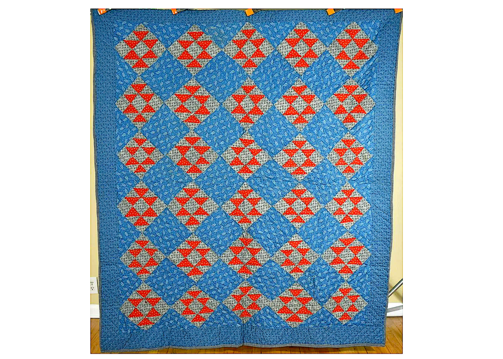 Circa-1880s shoofly quilt with cadet blue background, est. $600-$800