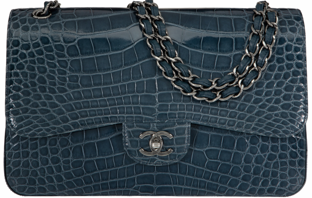 Chanel indigo blue crocodile jumbo classic double flap bag, est. $15,000-$22,000. Image courtesy of Heritage Auctions