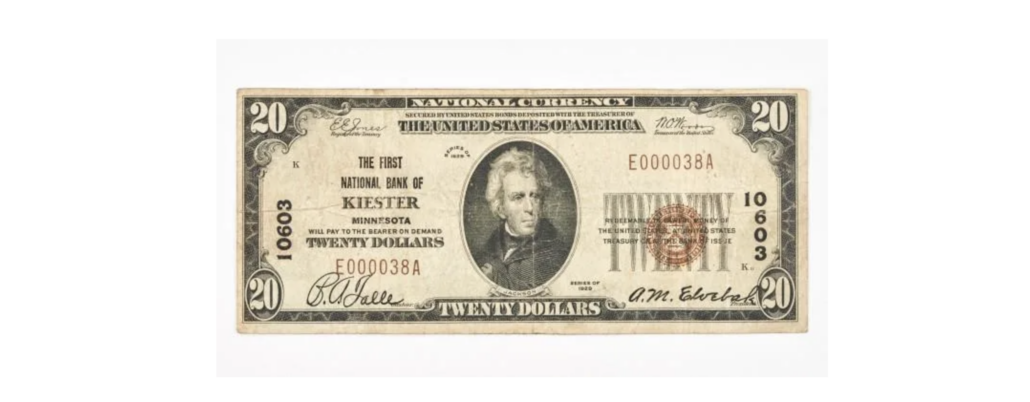 United States 1929 $20 National Kiester Minnesota bank note, est. $200-$400