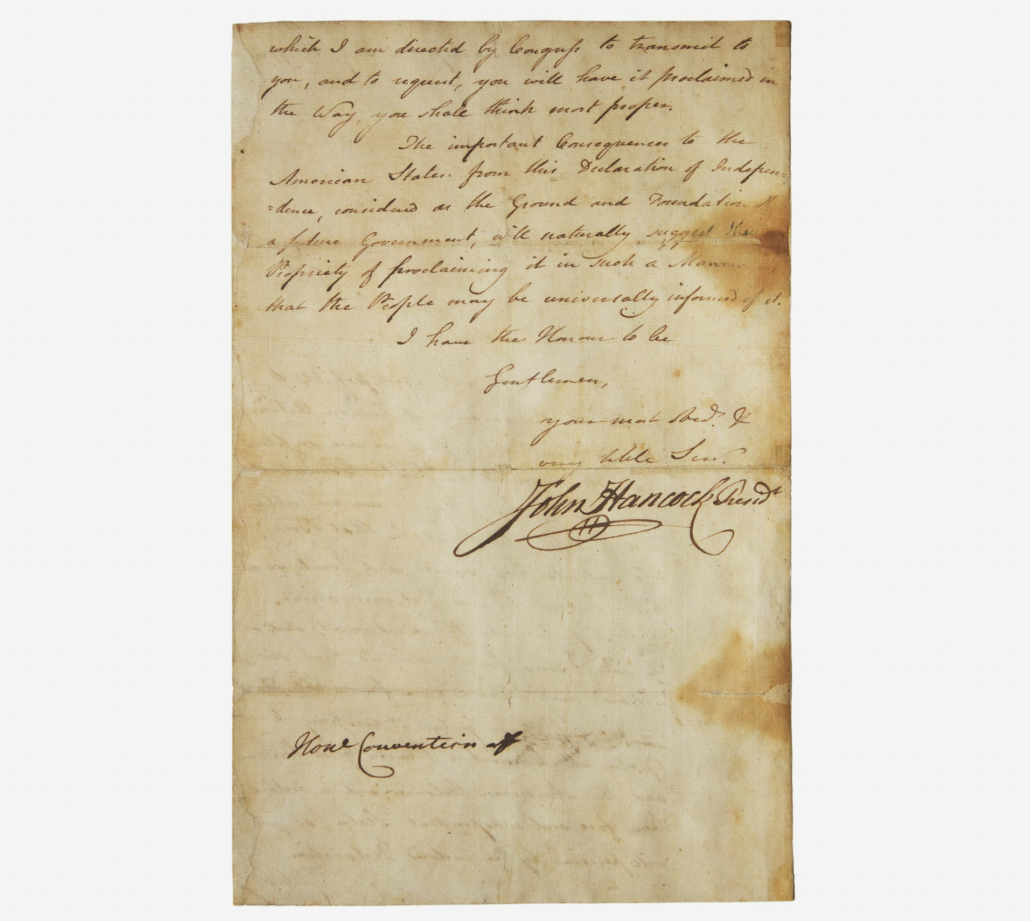 John Hancock 1776 letter announcing the Declaration of Independence to the state of Georgia, estimate on request