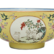 Qing imperial porcelain Guangxu mark and period famille rose Three Rams bowl, est. $5,000-$7,000