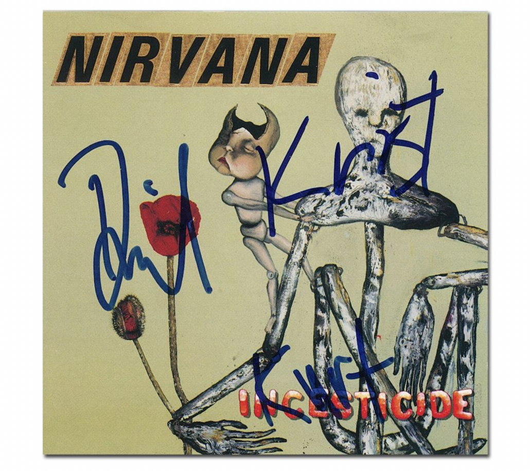 CD jacket for the Nirvana album ‘Insecticide,’ signed by Kurt Cobain, Dave Grohl and Krist Novoselic, est. $10,000-$11,000