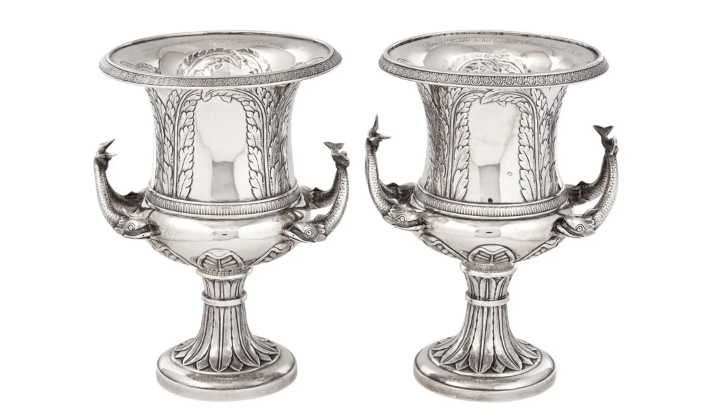 Pair of American silver two-handled vases by Thomas Fletcher and Sidney Gardiner of Philadelphia, est. $7,000-$10,000