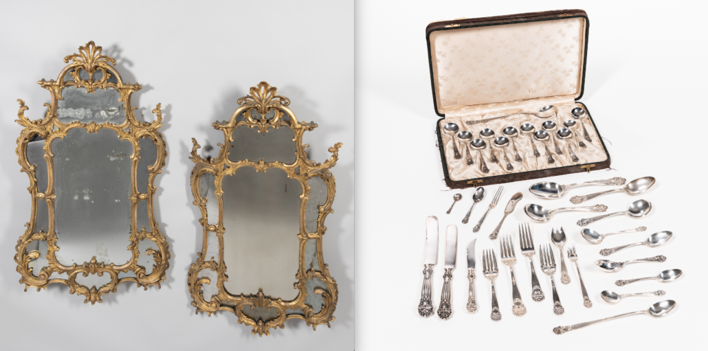 Left, pair of carved giltwood mirrors from the April 14 auction, $68,750; Right, Towle 365-piece sterling flatware set in the Georgian pattern, offered in the April 12 sale, $13,750