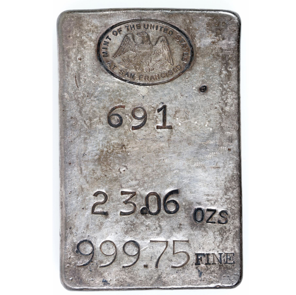  US Mint San Francisco 23.06-ounce silver ingot, 999.75 fine, with original Mint patina, est. $5,000-$9,000