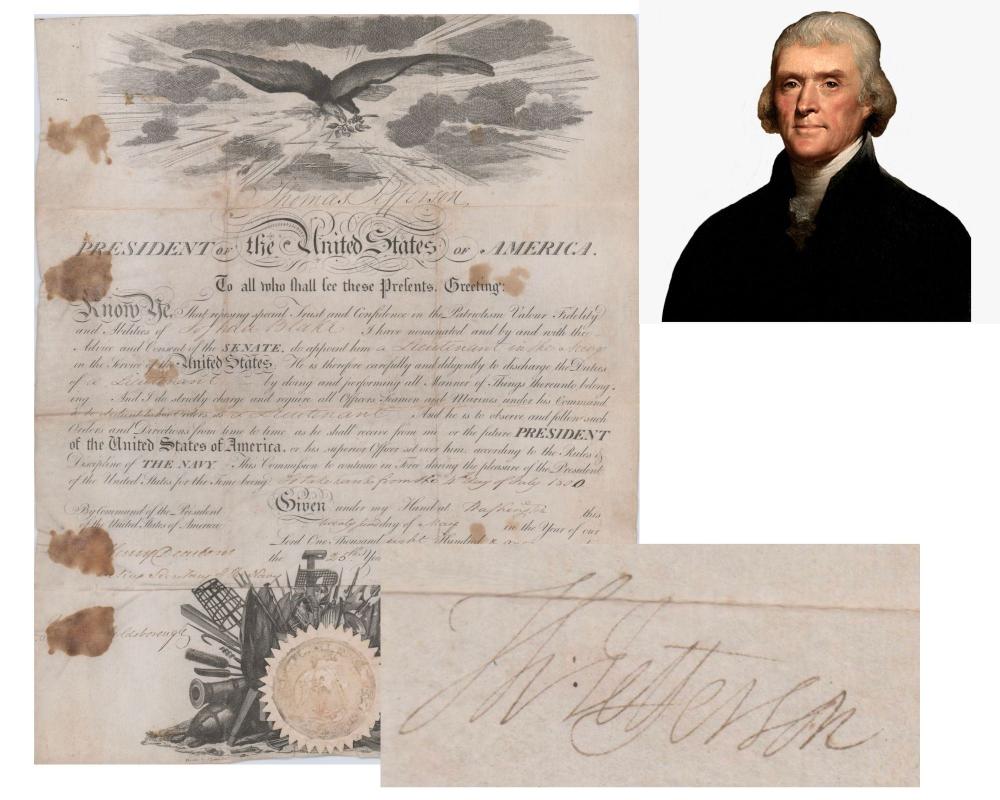 1801 naval appointment signed by President Thomas Jefferson, est. $5,000-$6,000