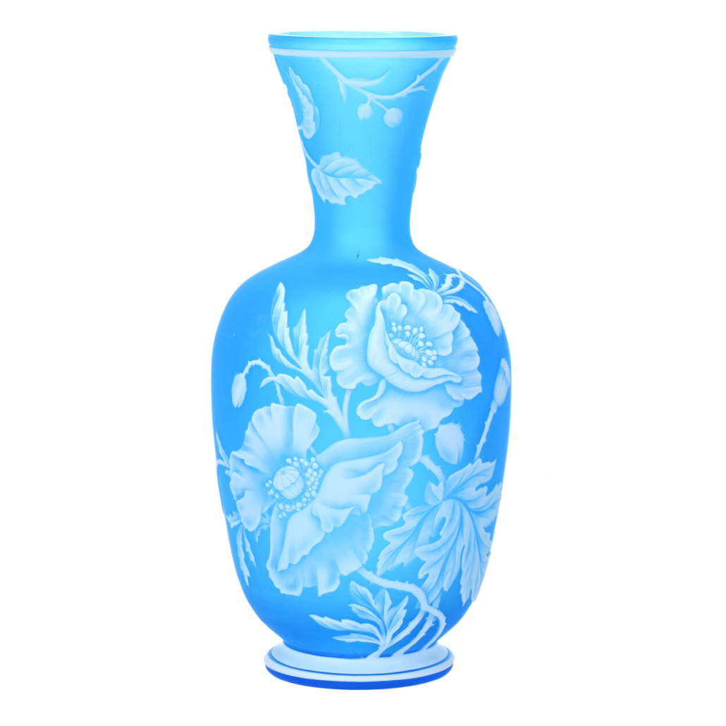Unmarked English cameo art glass vase on blue ground with white cameo carved overlay, est. $1,000-$1,500