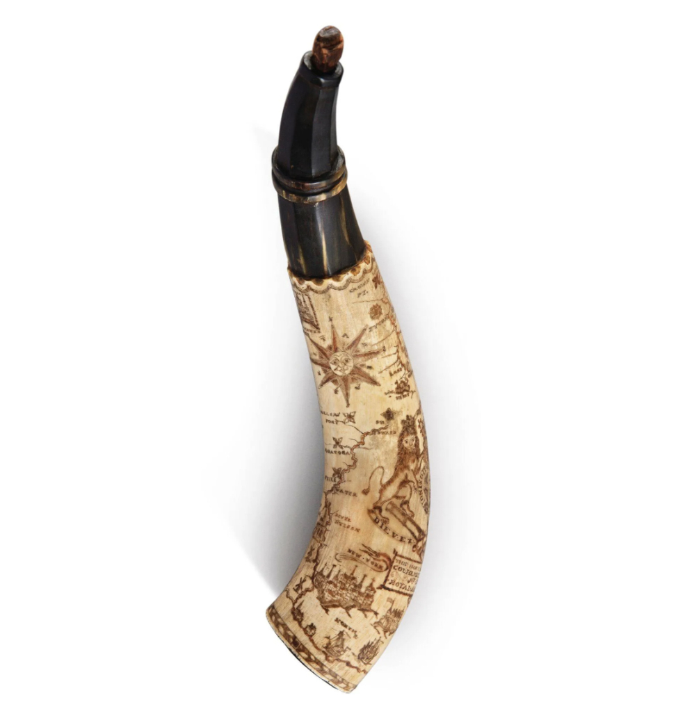A French and Indian War map powder horn, dated 1760 and formerly belonging to Colonel Henry Bouquet, sold for $40,000 plus the buyer’s premium in January 2021. Image courtesy of Arader Galleries and LiveAuctioneers.