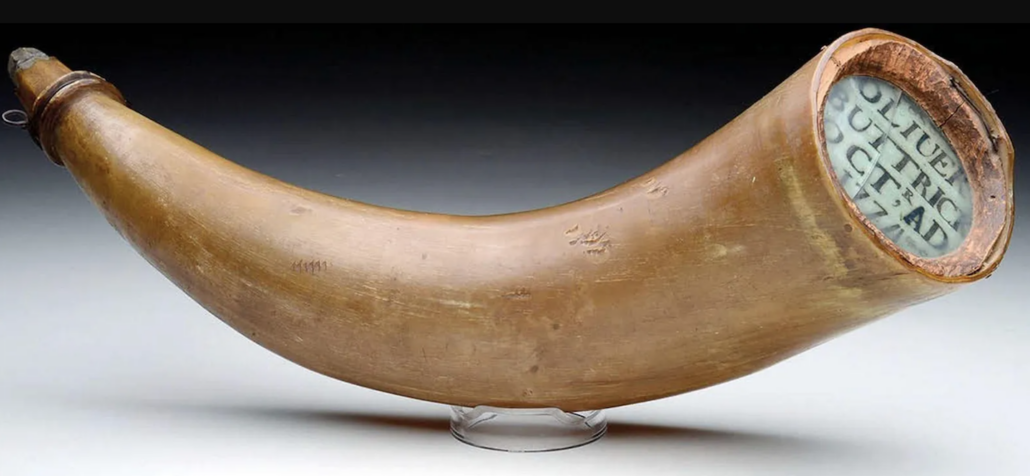 A Revolutionary War powder horn that belonged to Minuteman Oliver Buttrick and was used at the Battle of Concord realized $65,000 plus the buyer’s premium in November 2021. Image courtesy of University Archives and LiveAuctioneers.