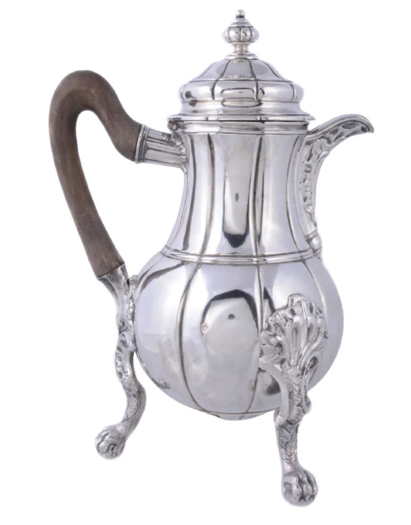 A mid-18th-century Belgian silver chocolate pot by Jacobus van de Vyvere brought $5,204 plus the buyer’s premium in March 2017. Image courtesy of Dreweatts Donnington Priory and LiveAuctioneers.