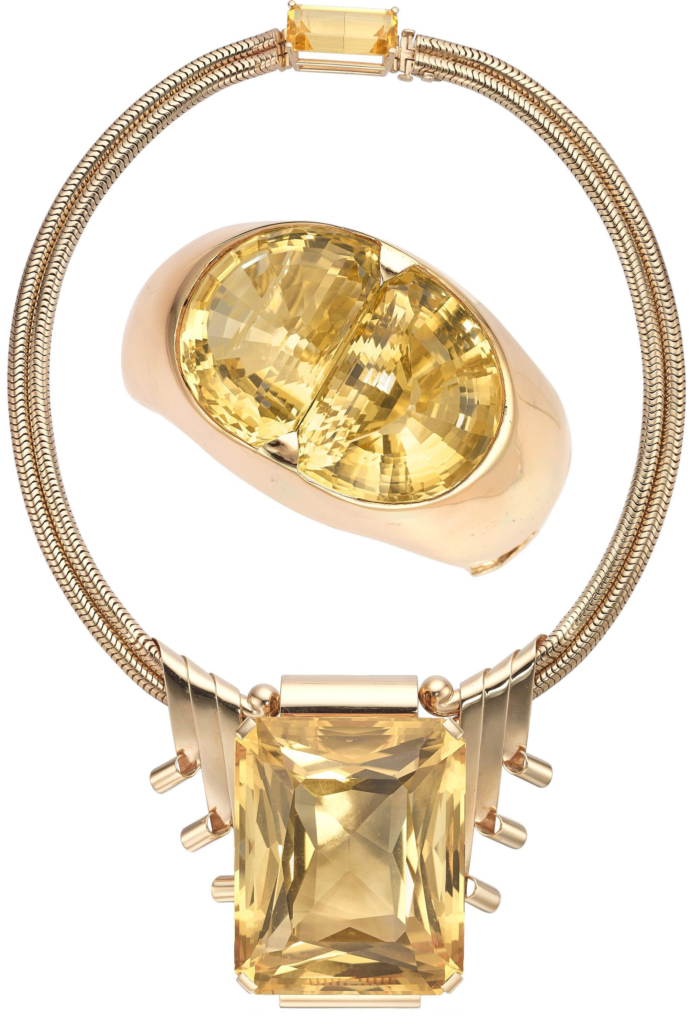 Raymond Yard citrine and gold jewelry suite, commissioned by Joan Crawford, est. $15,000-$20,000. Image courtesy of Heritage Auctions