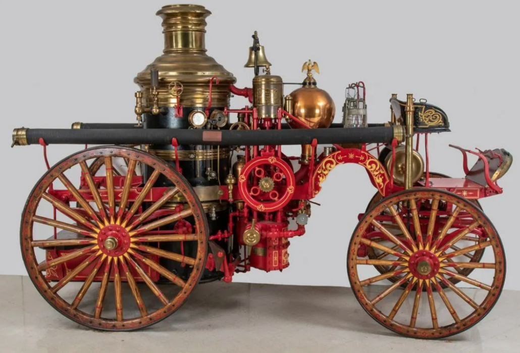 This American LaFrance steam fire engine No. 496, built for a local fire department in North Carolina in 1904 and later restored and displayed for decades at Cedar Point’s town hall museum in Sandusky, Ohio, earned $120,000 plus the buyer’s premium in November 2019. Image courtesy of Gray’s Auctioneers and LiveAuctioneers.