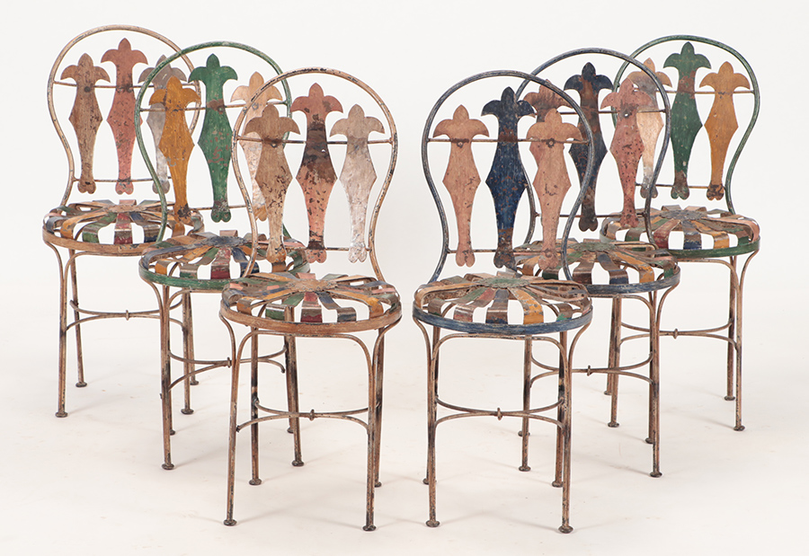 Set of six French iron spring chairs with multi-colored paint, est. $400-$600