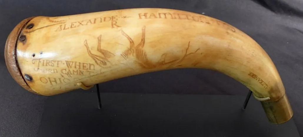 A 1773 powder horn once owned by Alexander Hamilton has ornate carving and a firm connection to a Founding Father. The horn attained $94,000 plus the buyer’s premium in January 2016. Image courtesy of Sterling Associates and LiveAuctioneers.