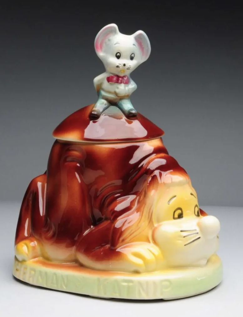 An American Bisque cookie jar featuring the cartoon animals Herman and Katnip earned $1,500 plus the buyer’s premium in November 2015. Image courtesy of Dan Morphy Auctions and LiveAuctioneers.