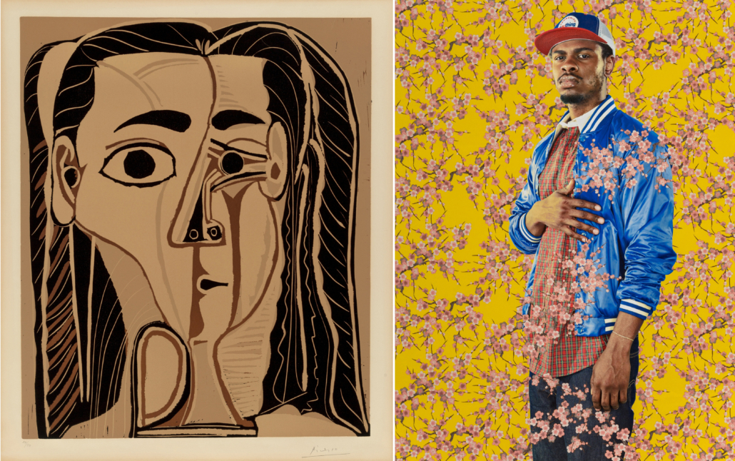 Left, Pablo Picasso, ‘Grande Tete de Femme,’ est. $60,000-$80,000; Right, Kehinde Wiley, ‘After Sir Anthony Van Dyck’s Triple Portrait of Charles I,’ est. $20,000-$30,000. Images courtesy of Heritage Auctions